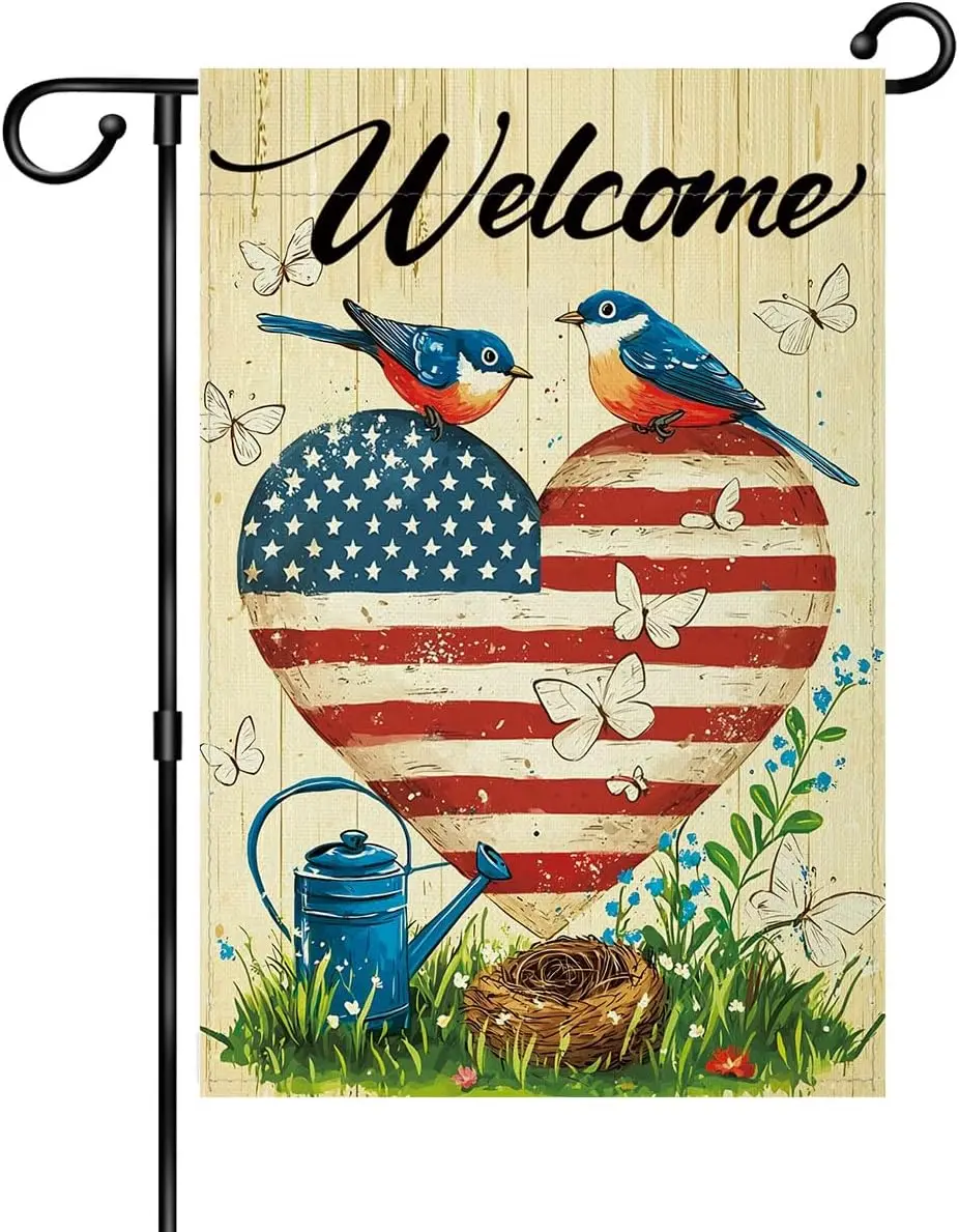 Vintage Welcome Garden Flag 12x18 Inch Double Sided Outside, Americana Heart & Bird Design Flag Porch Yard Patio Decorat XAA SSL