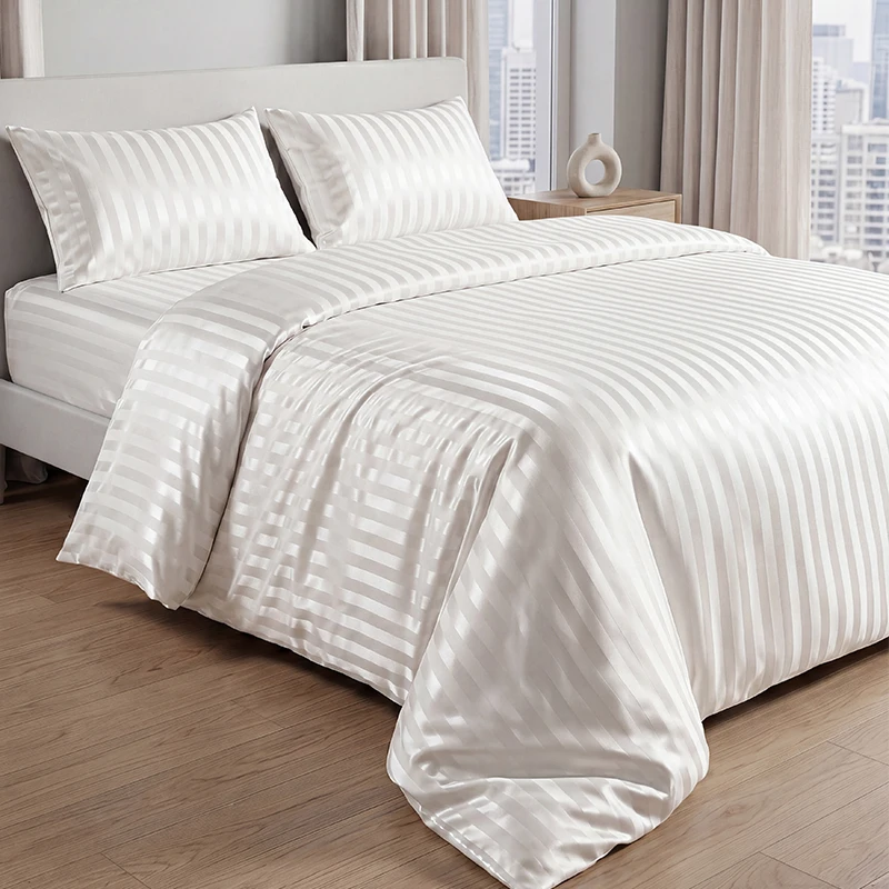 Satin Striped Duvet Cover Set, Silky Jacquard Vertical Stripe Bedding with 1 Duvet Cover + 2 Pillow Cases, Wrinkle Resistant