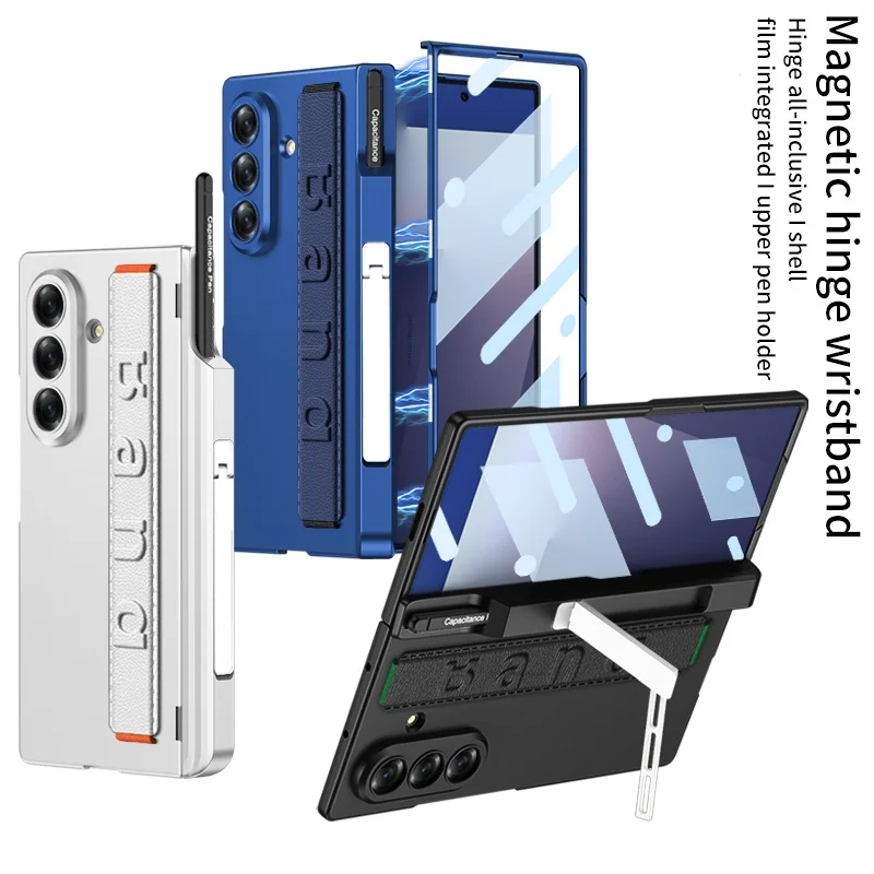 

Wristband Magnetic Pen Box Hinge Holder Case For Samsung Galaxy Z Fold 7 6 5 4 5G With Screen Protector Glass Shockproof Cover