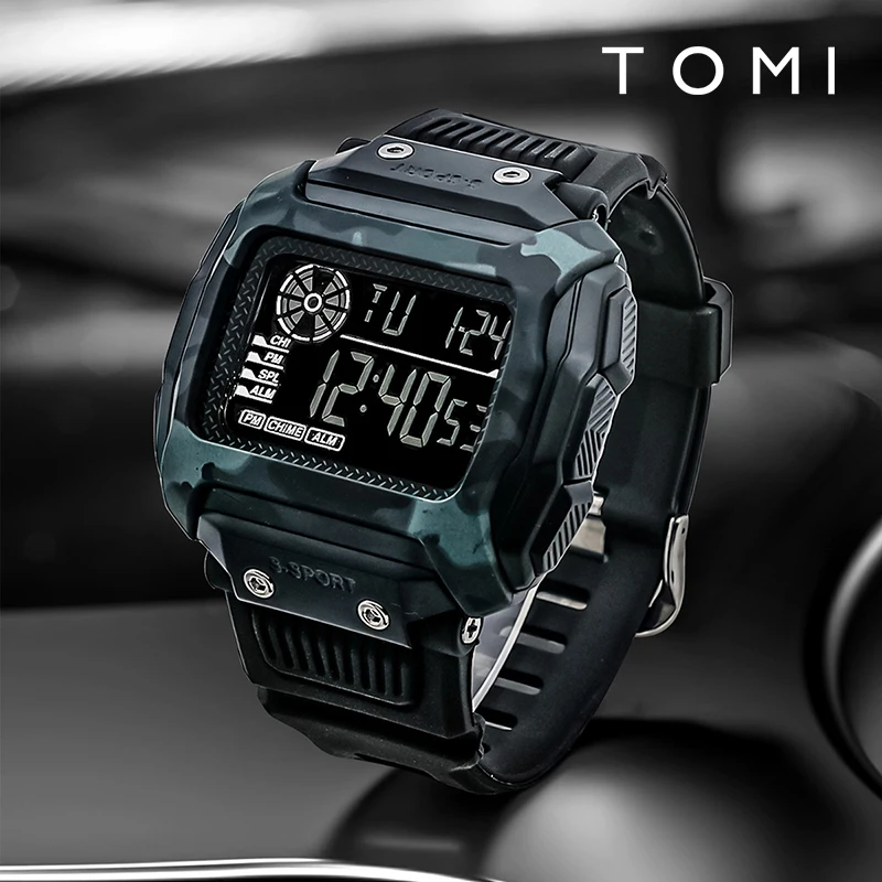 TOMI Men\'s Electronic Watch Square Outdoor Camo Military Sports Watch Technology Advanced Men\'s Watch Student Electronic Watch