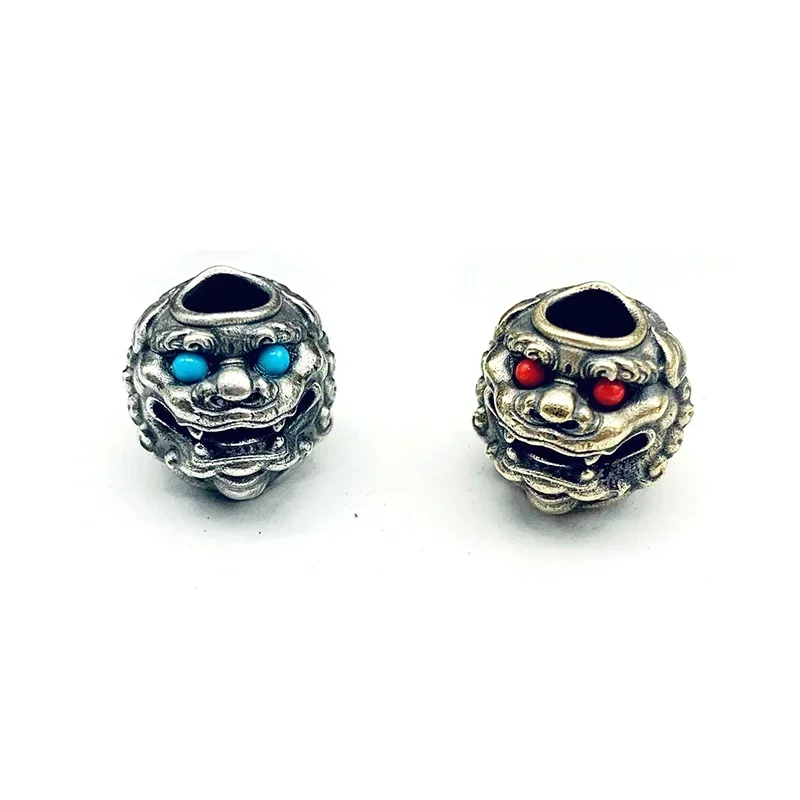 

Brass Red Blue Eyes Lion Head Knife Beads Pendants Car Keychains Retro Chinese Style DIY Paracord Hangings