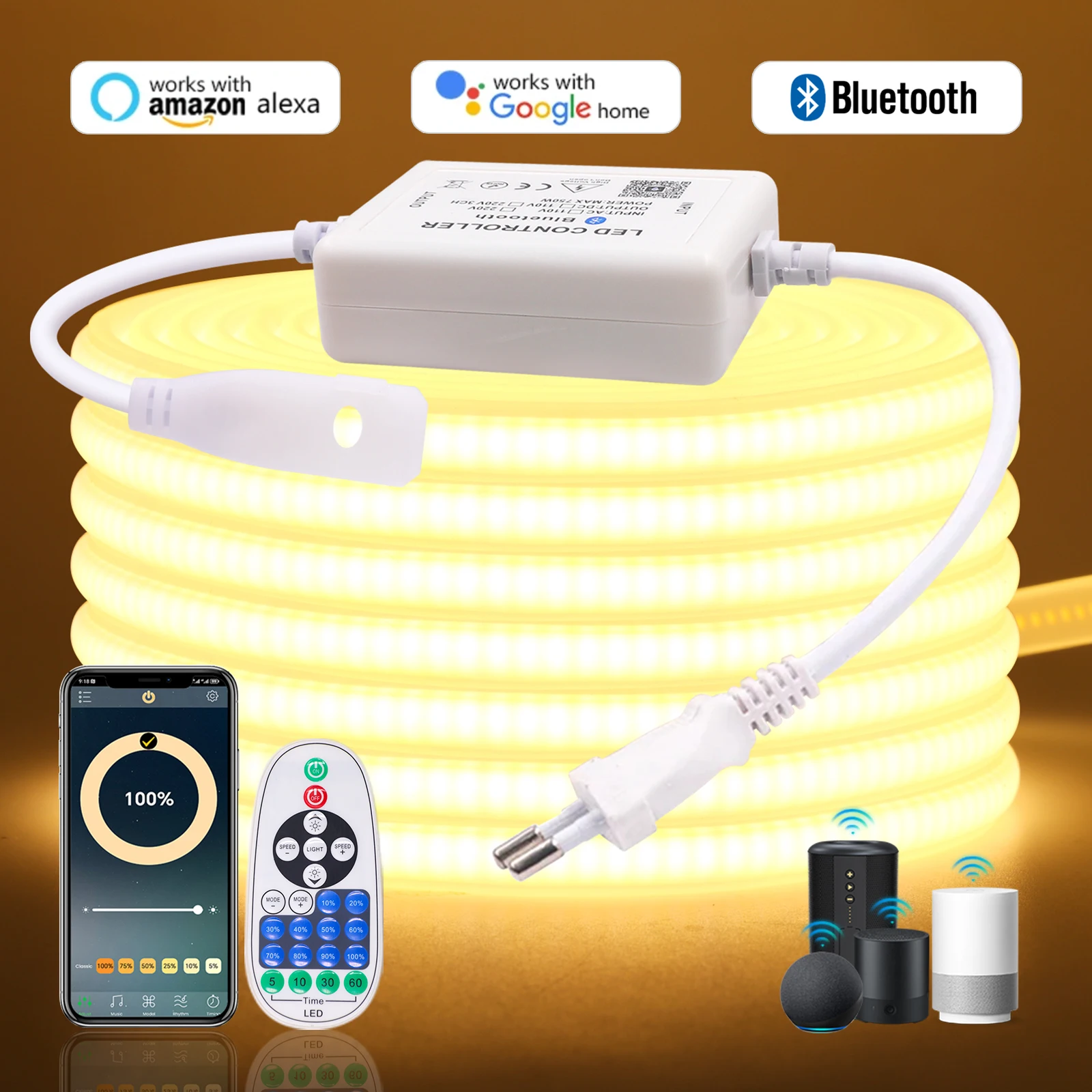 220V 110V COB NEON LED Strip 288LEDs/M WIFI Bluetooth IP65 Dimmable Flexible Ribbon Tape Diode With Panel Remote Control EU Plug