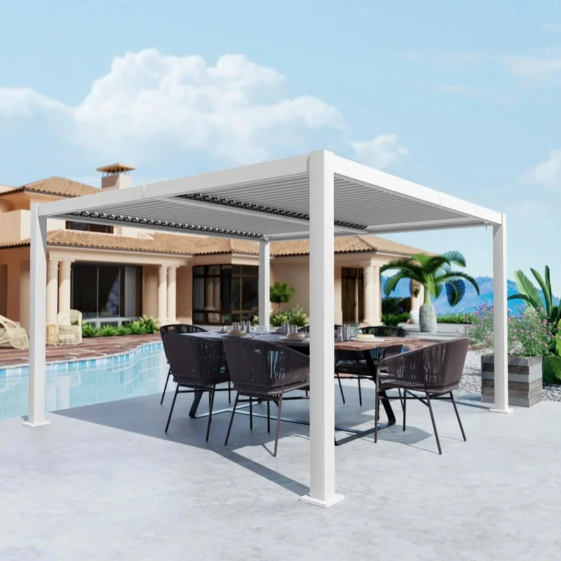 3x3 Heavy Duty Powder Coated Aluminum Pergola Gazebo Retractable Design LED Light Commercial Grade Construction Backyard Balcony
