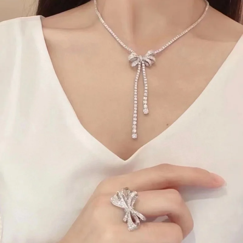 S925 sterling silver bow fringe full diamond necklace texture elegant noble fashion personality temperament