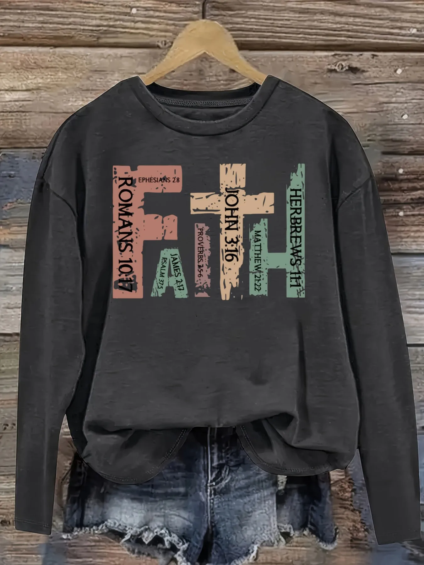 Women's Casual Long Sleeve Crew Neck T-Shirt Faith Bible Verse Graphic Print Design, Round Neck Women's Clothing, Machine Washable, Slightly Elastic, Loose Fit, Spring Autumn Winter Women's T-Shirt, Halloween Costume Outfit view 2