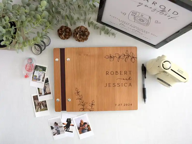 

Wooden Wedding Guest Book with Eucalyptus Leaf Design Personalized Wedding Guestbook Engagement Anniversary Keepsakes Gifts