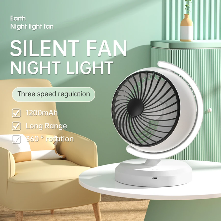 

2024 New Creative Rechargeable 360° Adjustable Desk Fan Portable Air Conditioner Cooling Fan with Atmosphere Night Light