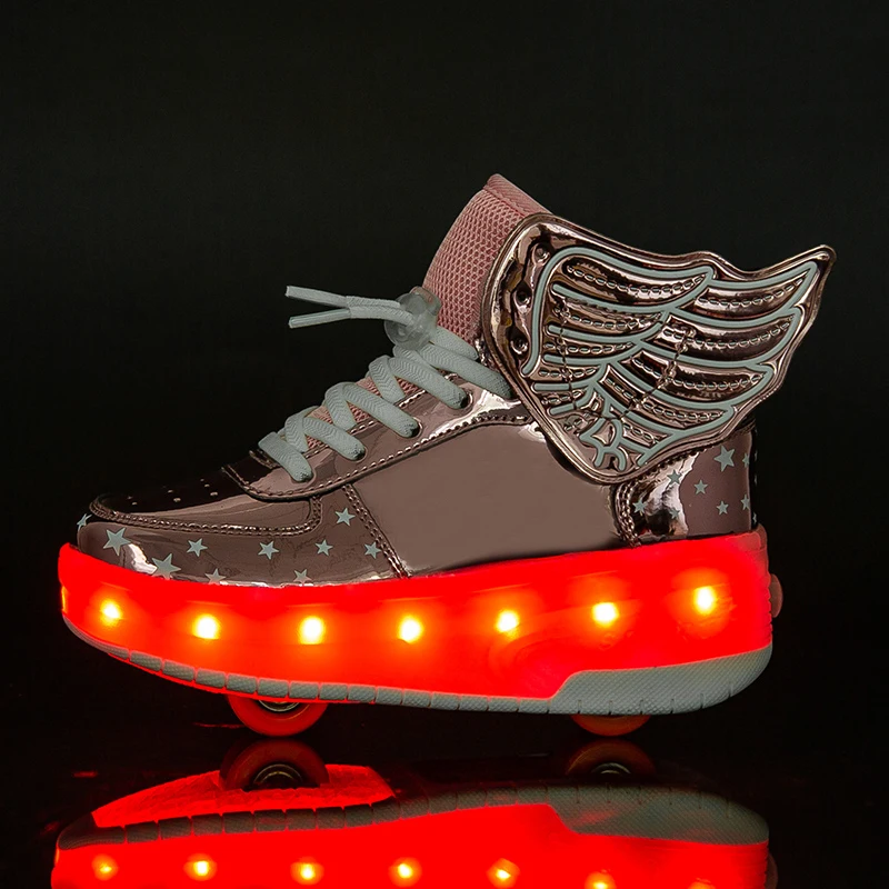 IGxx Two Wheels LED Luminous Glowing Sneakers Gold Pink Led Light Roller Skate Shoes Kids Led Shoes Boys Girls USB Charging