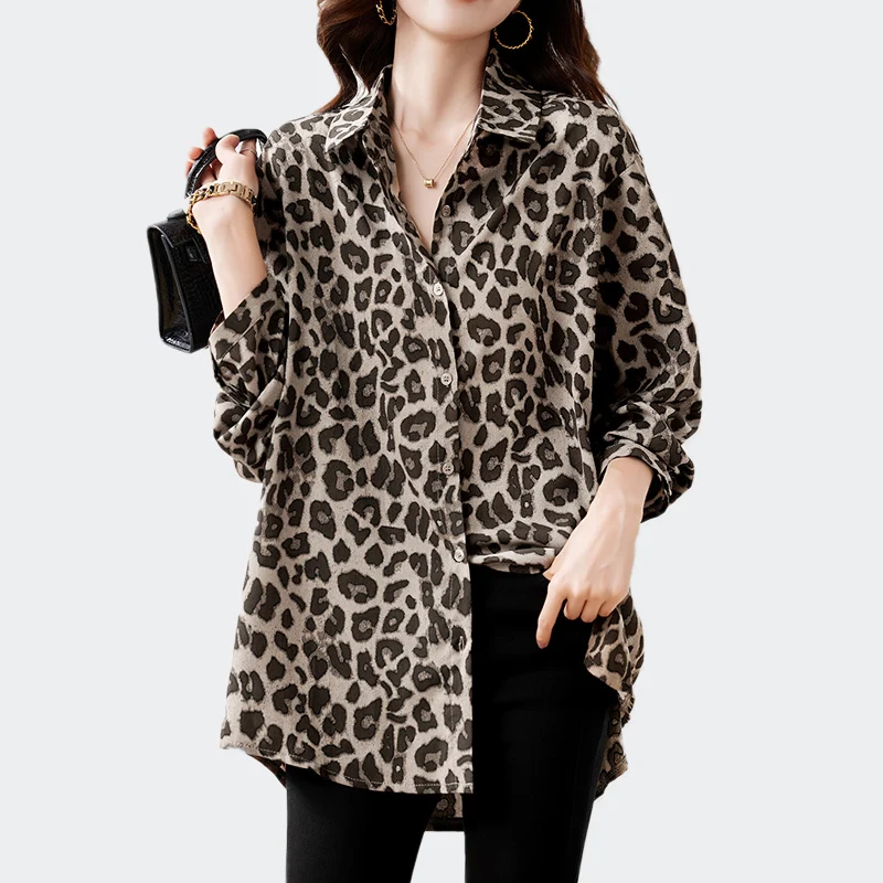 Women Leopard Print Luxury Chiffon Blouse Spring Autumn Long Sleeve Vintage Button Up Shirt Office Lady Casual Loose Tops Women