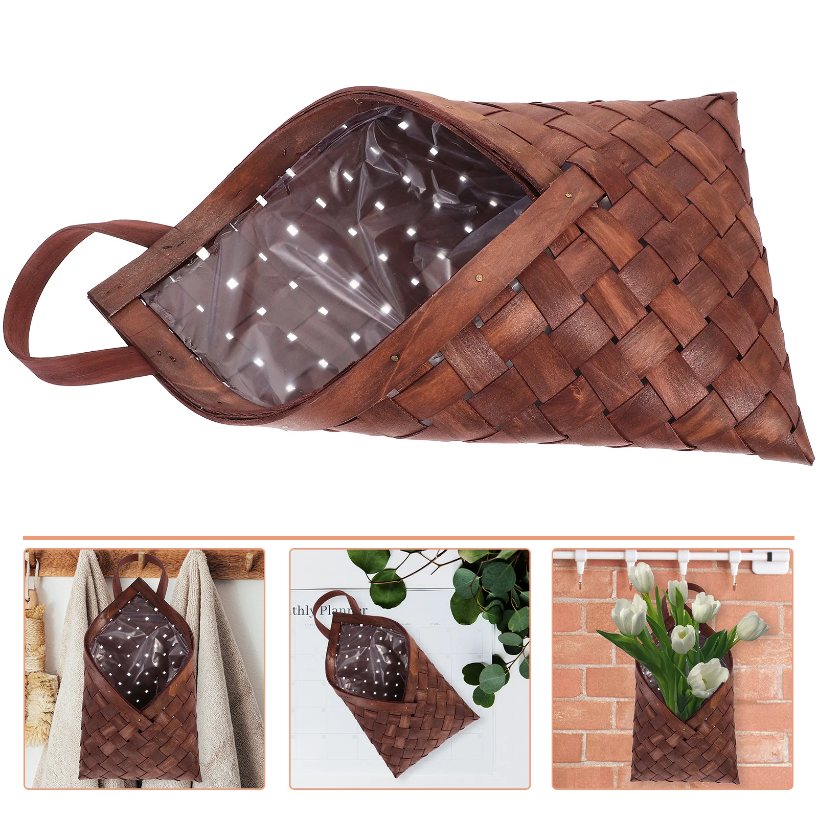 

Wooden Wall Flower Basket Hanging Woven Kitchen Organizer Storage Pot for Container Stand
