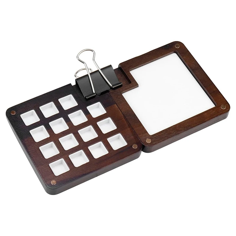 

NEW-Wooden Portable Sketchbook Palette Mini 15 Grids Travel Paint Palette Portable Mini Tin Empty Watercolor Palette