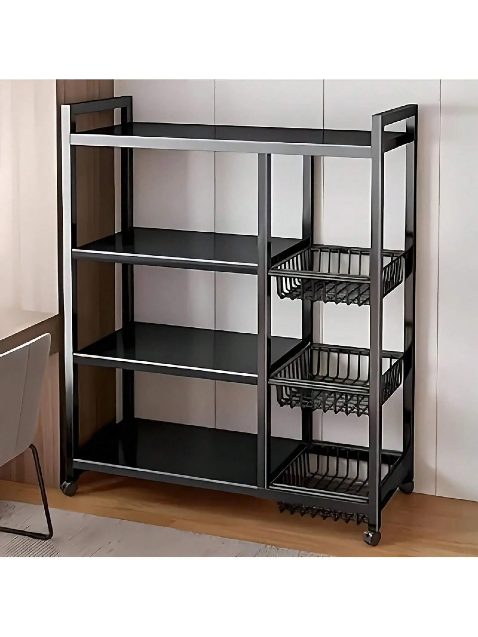 4-Tier Rolling Metal Storage Cart With Wheels - Multipurpose Organizer For Kitchen Home Office Dorm - Black Painted Surface Ideal For Fruits Veggies Utensils Food Pantry Rack Christmas Decor