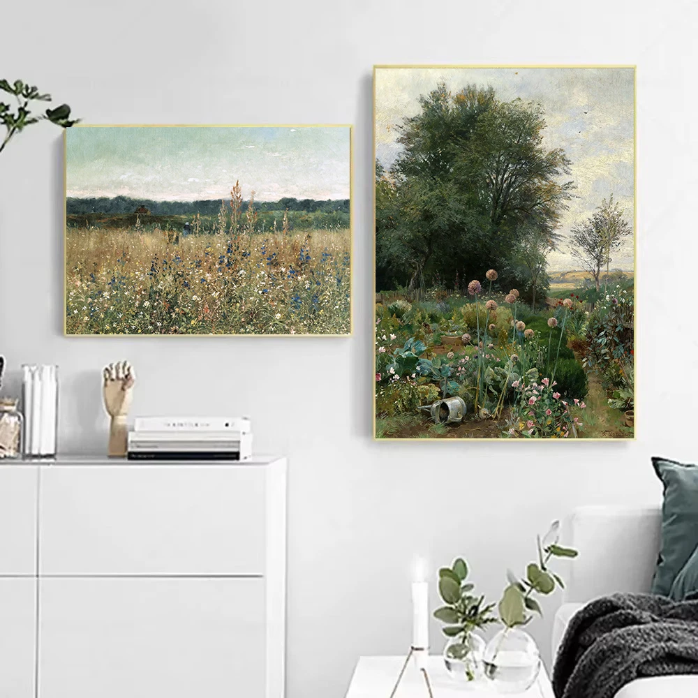 Antique French Country Natural Scenery Wildflower Field Landscape Poster Canvas Painting Wall Art Pictures Home Farmhouse Decor