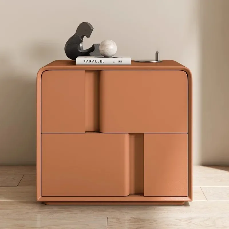 

*e for Creative Double-layer Storage Bedside Table Solid Wood Leather Light Luxury Home Bedroom Storage Cabinet Furniture *x