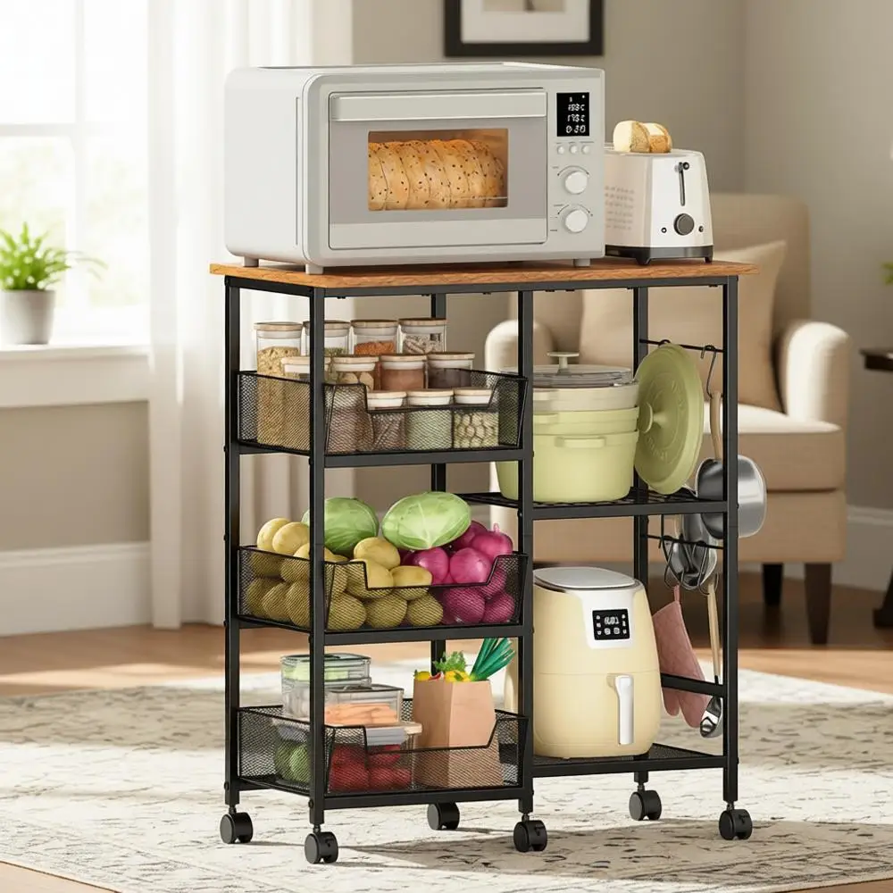 

Adjustable Shelf Kitchen Island Cart with Lockable Wheels, 27.75L x 15.35W, Multi-Purpose for Kitchen, Coffee Bar, Living Room