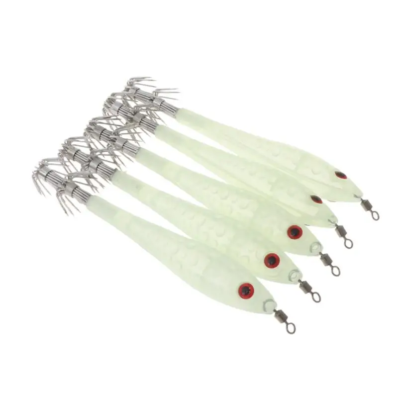 5Pcs Glow In Dark Luminous Squid Cuttlefish Fishing Lures Tackle Jig Bait Hooks