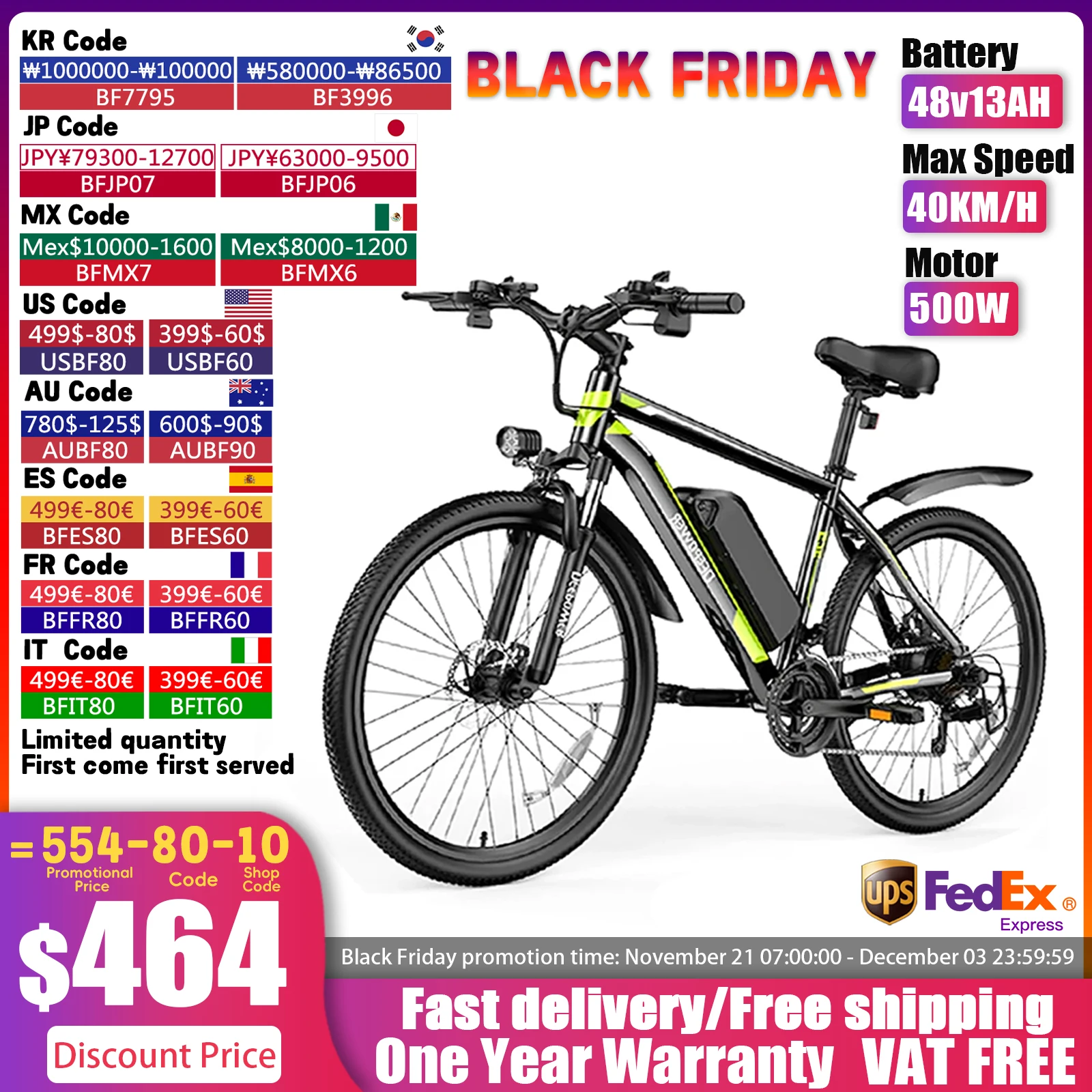 DEEPOWER   500W Adults Ebike Electric Bike  48V 12.8AH Lithium Battery 26 Inch Fat Tire Electric E Bikes Mountain Ebikes