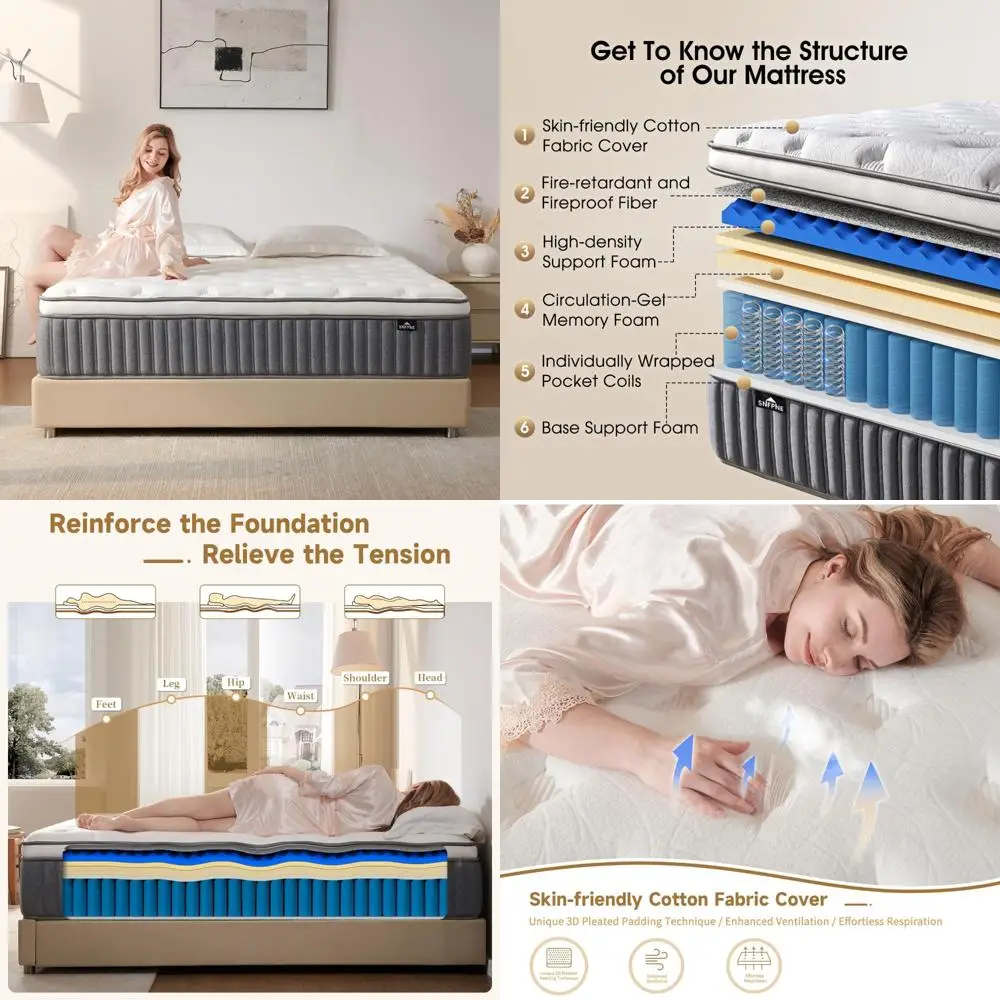 

12-Inch Queen Hybrid Mattress: Memory Foam with Zoned Pocketed Coils for Enhanced Support and Motion Separation