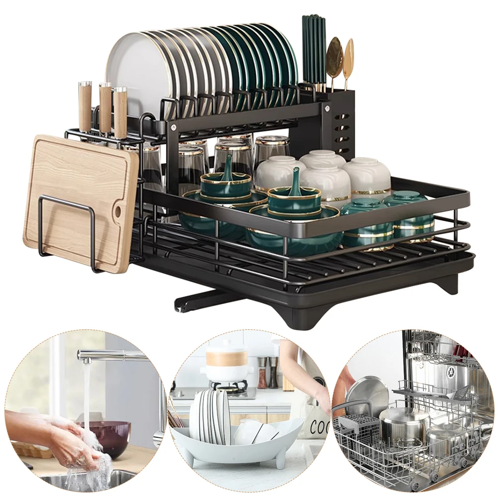 Carbon Steel Dish Drying Rack Adjustable Kitchen Plates Organizer with Drainboard Over Sink Countertop Cutlery Storage Holder