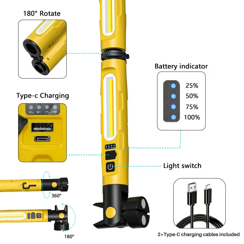 3000LM Underhood Work Light for Car Repair USB-C Rechargeable Magnetic COB Inspection Lamp Portable Outdoor LED Mechanic Light
