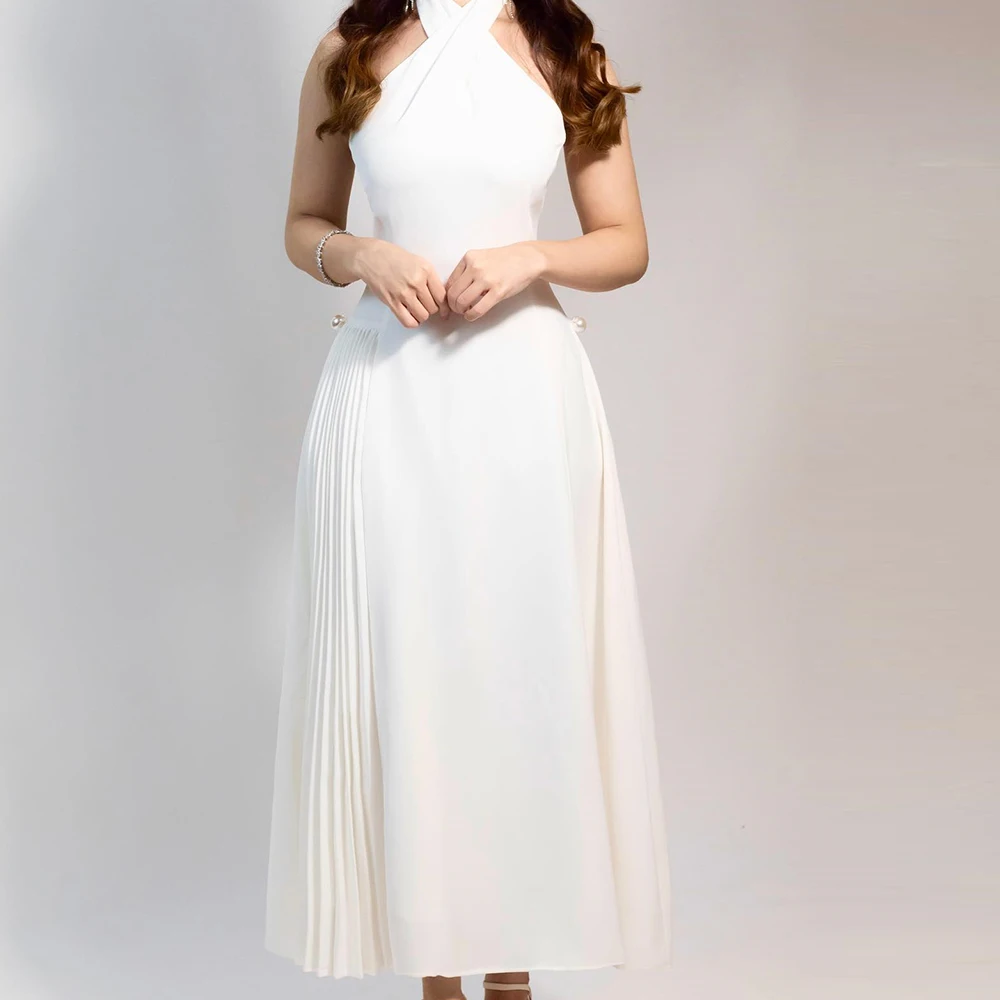 

Customized Exquisite Pearls Jersey White Evening Dress Delicate Halter A-Line Sleeveless Ankle Length Special Occasion Gowns