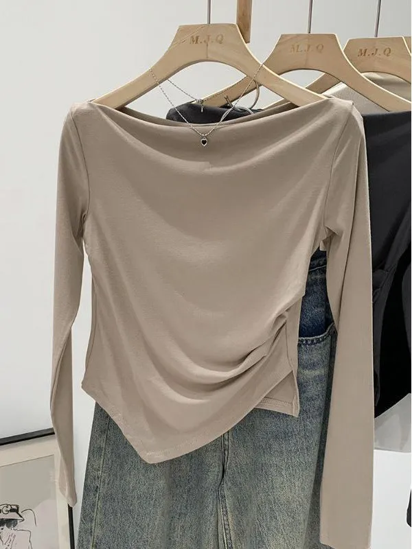 

plus Size Women's Short Irregular Long Sleeve T-Shirt One Shoulder Commute Style Korean Fit Spring Autumn Base Shirt