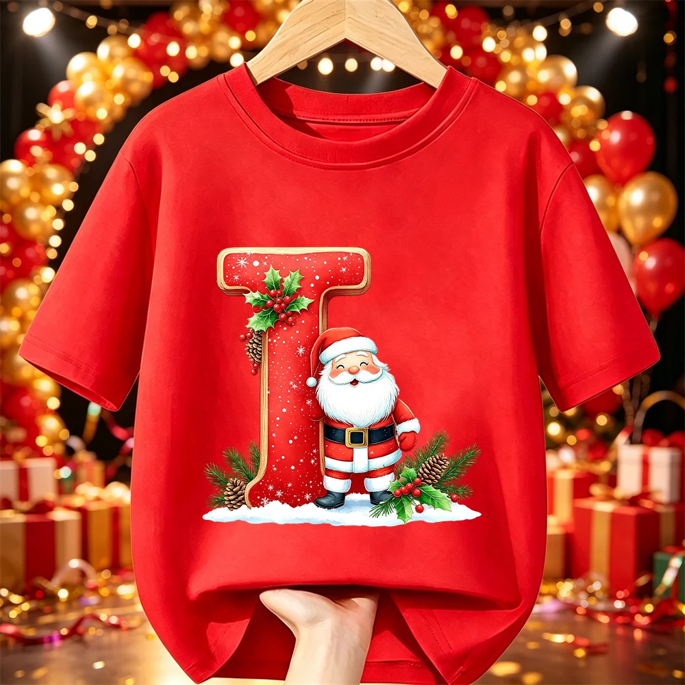 Cute Xmas Santa Snow Graphic 26 A‑Z Alphabet Children's Clothing Christmas Party T‑Shirt Cotton Short Sleeve Kids Casual Tees