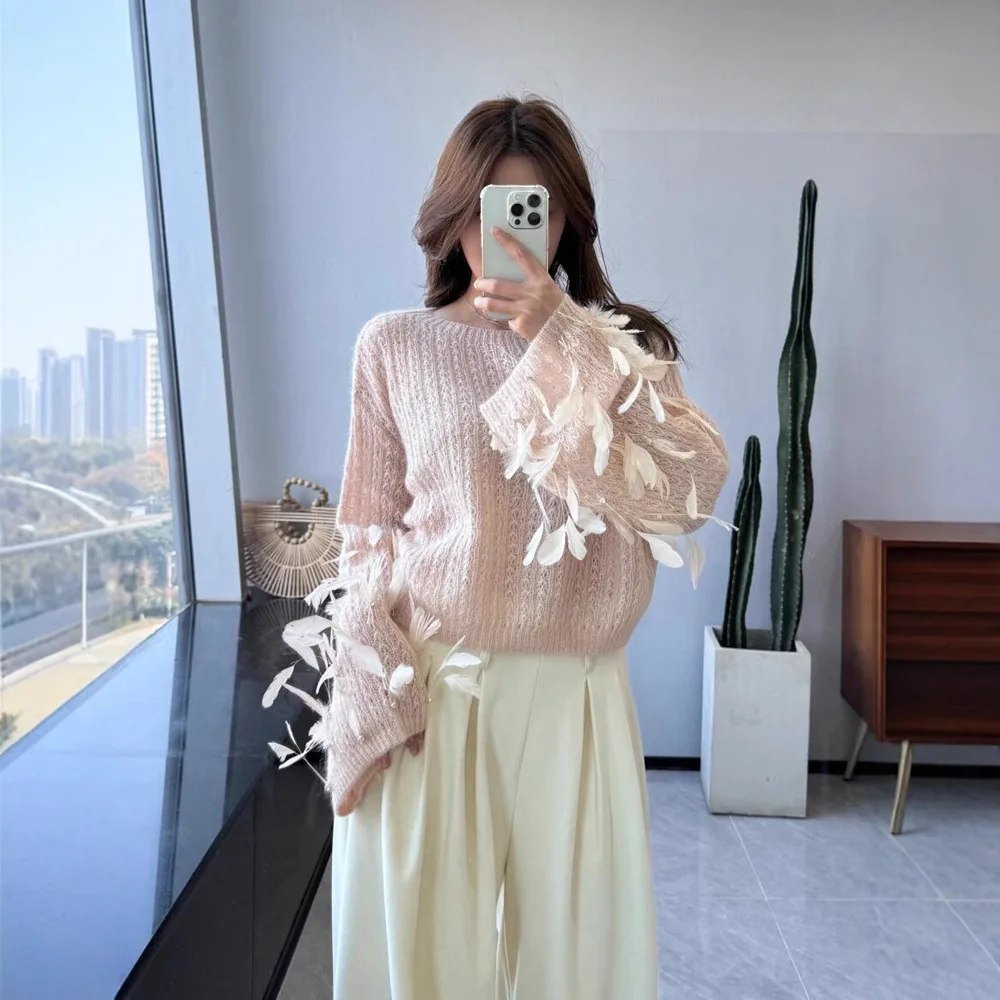 

Новый ранневесенний свитер MaSande в корейском стиле с перьями и ажурной вязкой, женский, модный, из полиэфирного волокна