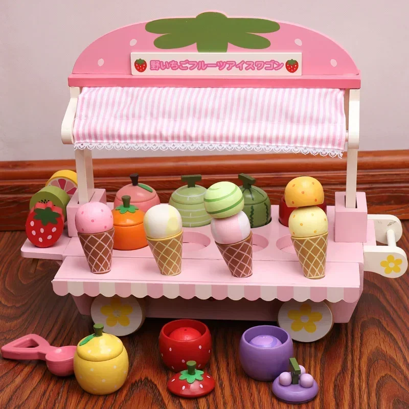 イチゴフルーツコーン模擬アイスクリーム自動販売車子供の木製キッチンままごとおもちゃ誕生日ギフト