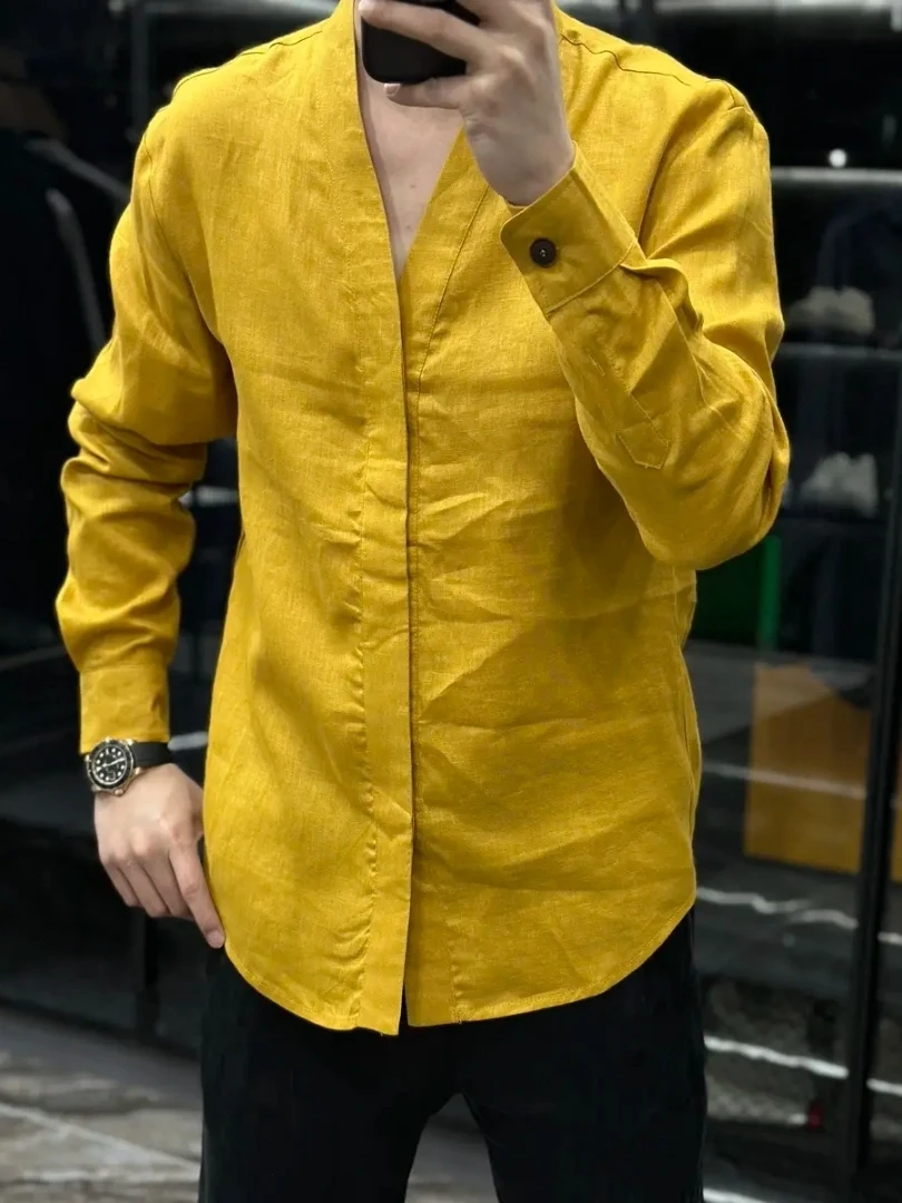 

Высококачественная мужская льняная рубашка Slim Fit для весны и осени с тонким воротником Цинго, модная, индивидуальная, премиум-класса