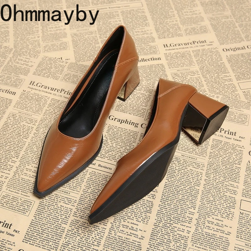 جديد 2026 ربيع كعب سميك النساء ماري جين أحذية موجزة الضحلة الانزلاق على أحذية عمل المرأة أشار تو فستان الحفلات مضخات