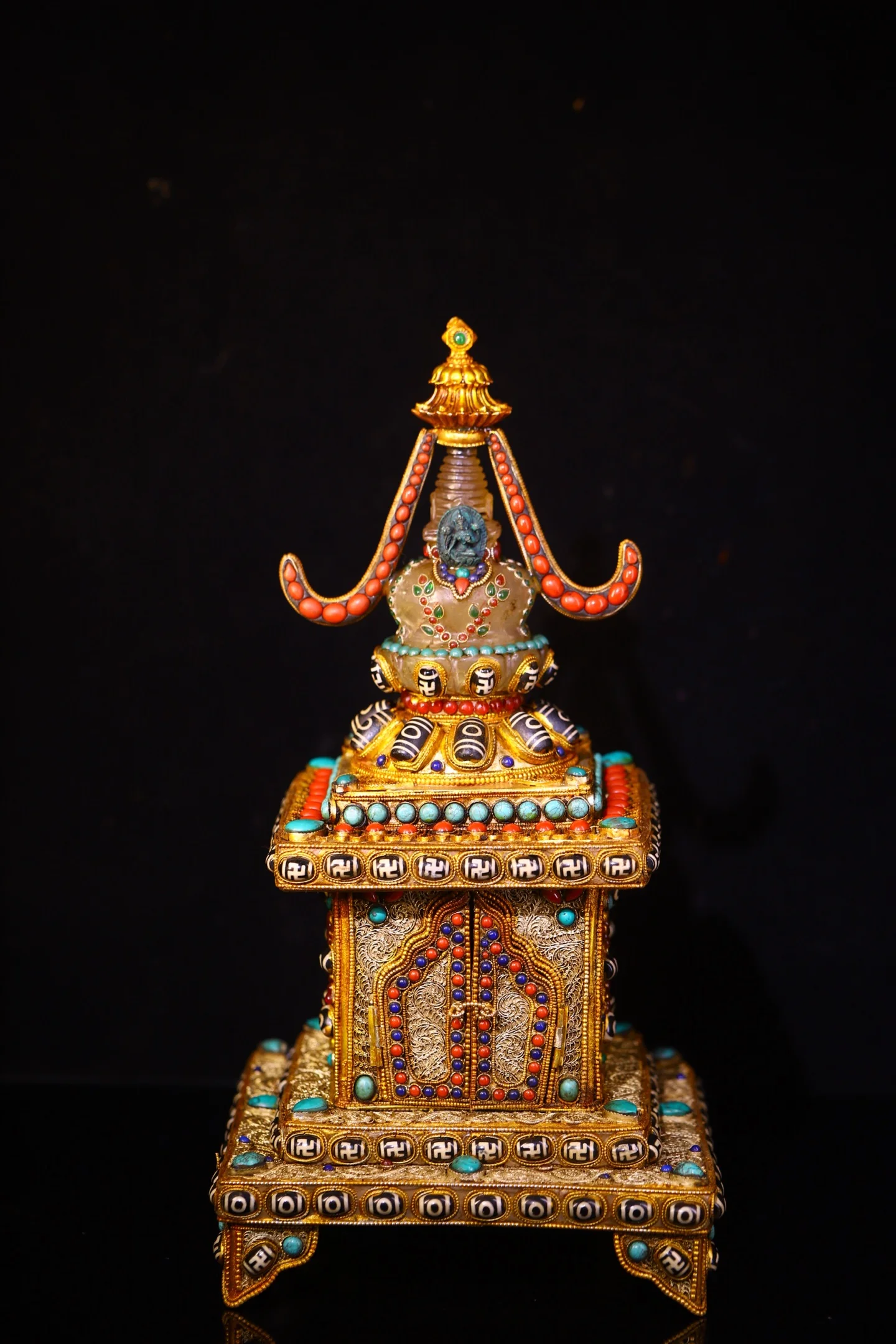 Old Crystal Tibetan Silver Gilded Filigree Mosaic Gem gZi Beads Turquoise Bronze Yellow Jambhala Buddha Buddhist Niche