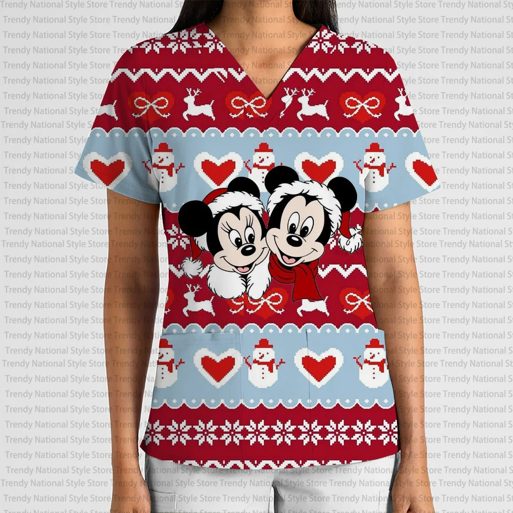 新しい夏の女性の医療通勤カジュアル T シャツ、クリスマス ディズニー ミッキーマウス プリント V ネック ポケット フロスト T シャツ