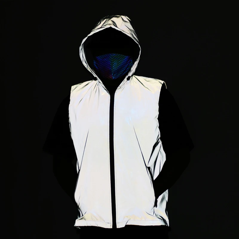 Spring Autumn Mens Full Reflective Hooded Vest Outdoor Men Sports Running Night Safety High Visibility Zipper Waistcoats