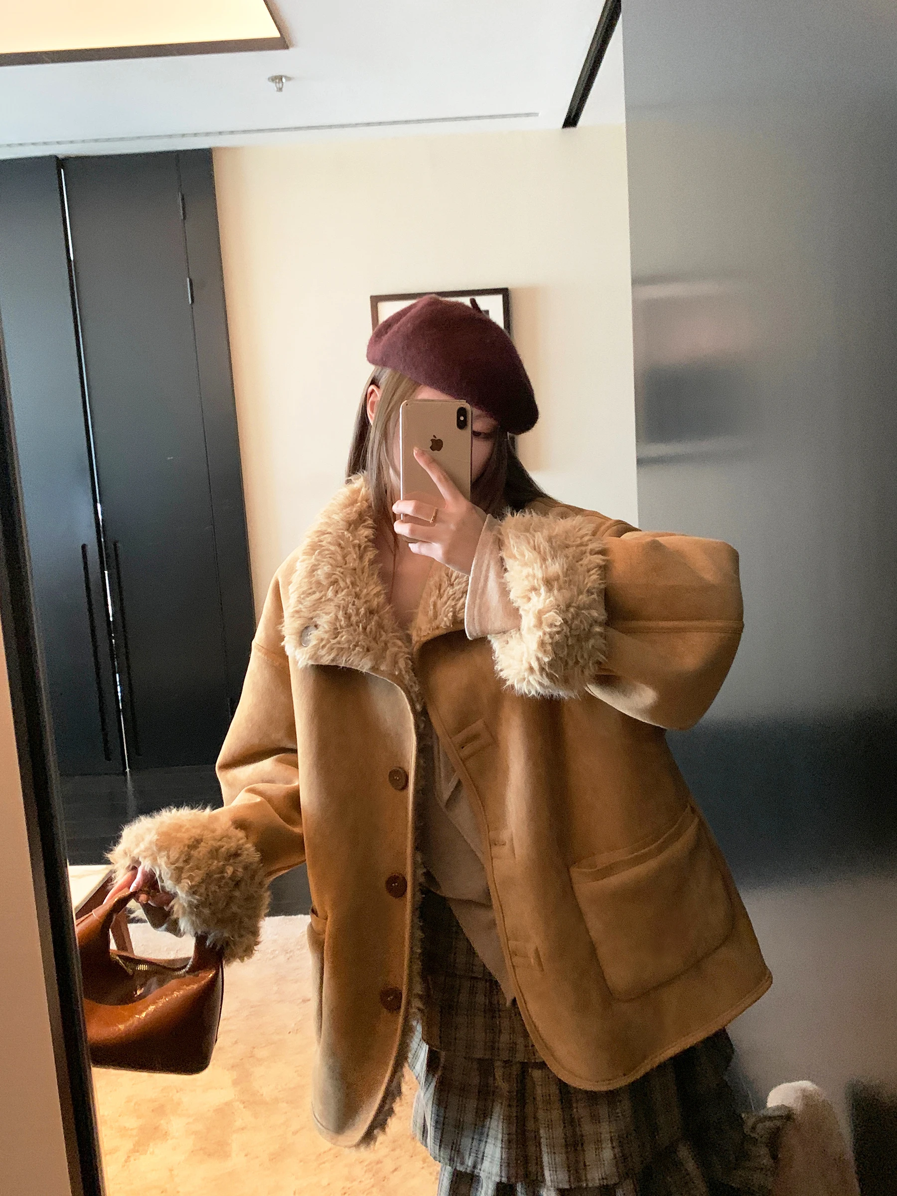 Double-Sided Wear Lamb Fur Biker Jaet Women's Fur Leather Coat Warm Casual Sle Loose Fit Long Sve Collar Winter Coat