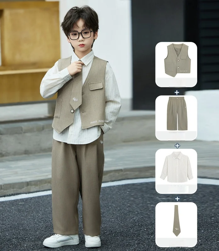 Children's Spring Autumn Suit Formal Wear British Style Gentleman Vest Set Flower Boy Performance Costume