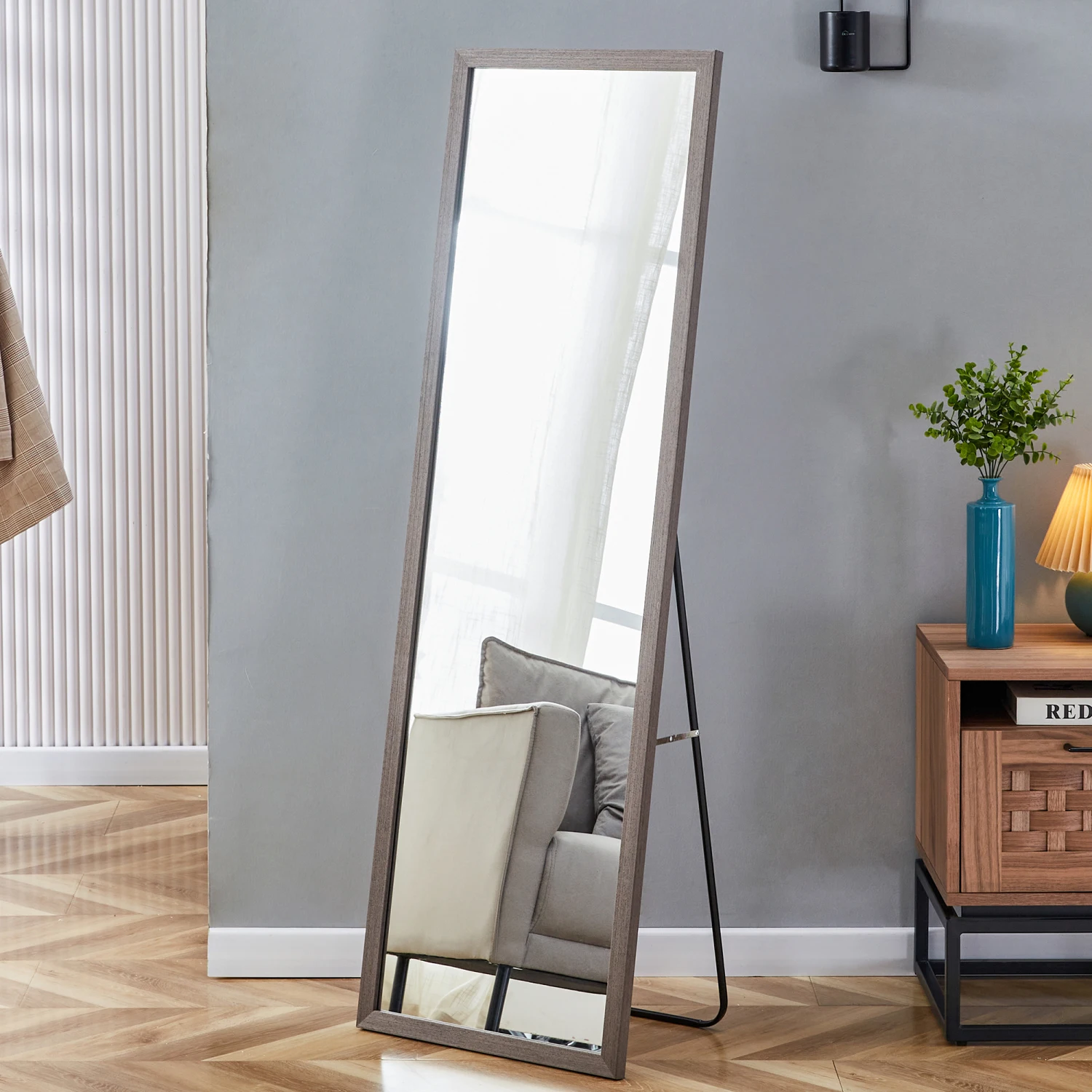 Third generation packaging upgrade, thickened frame, gray wood grain solid wood frame full-length mirror, dressing mirror, bedro