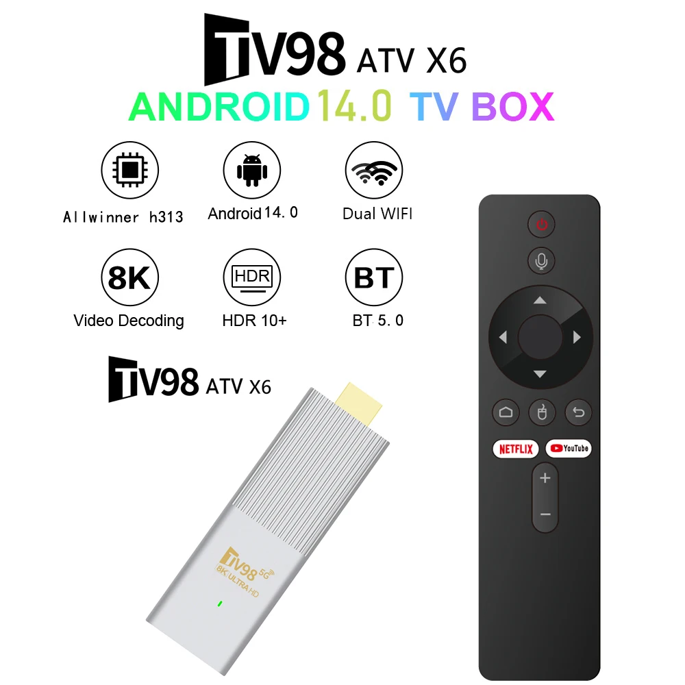 Android 14 TV Stick TV98 ATV TV Box Allwinner H313 Quad Core 8K 4K Dual Wifi6 BT5.0 Voice Remote 2GB 8GB Smart Set Top Box iptv