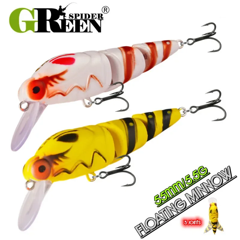 GREENSPIDER Schwimmender Angelköder 55 mm 5,5 g MINNOW Mehrteiliger harter Köder Kunstköder für Barsch, Karpfenbarsch