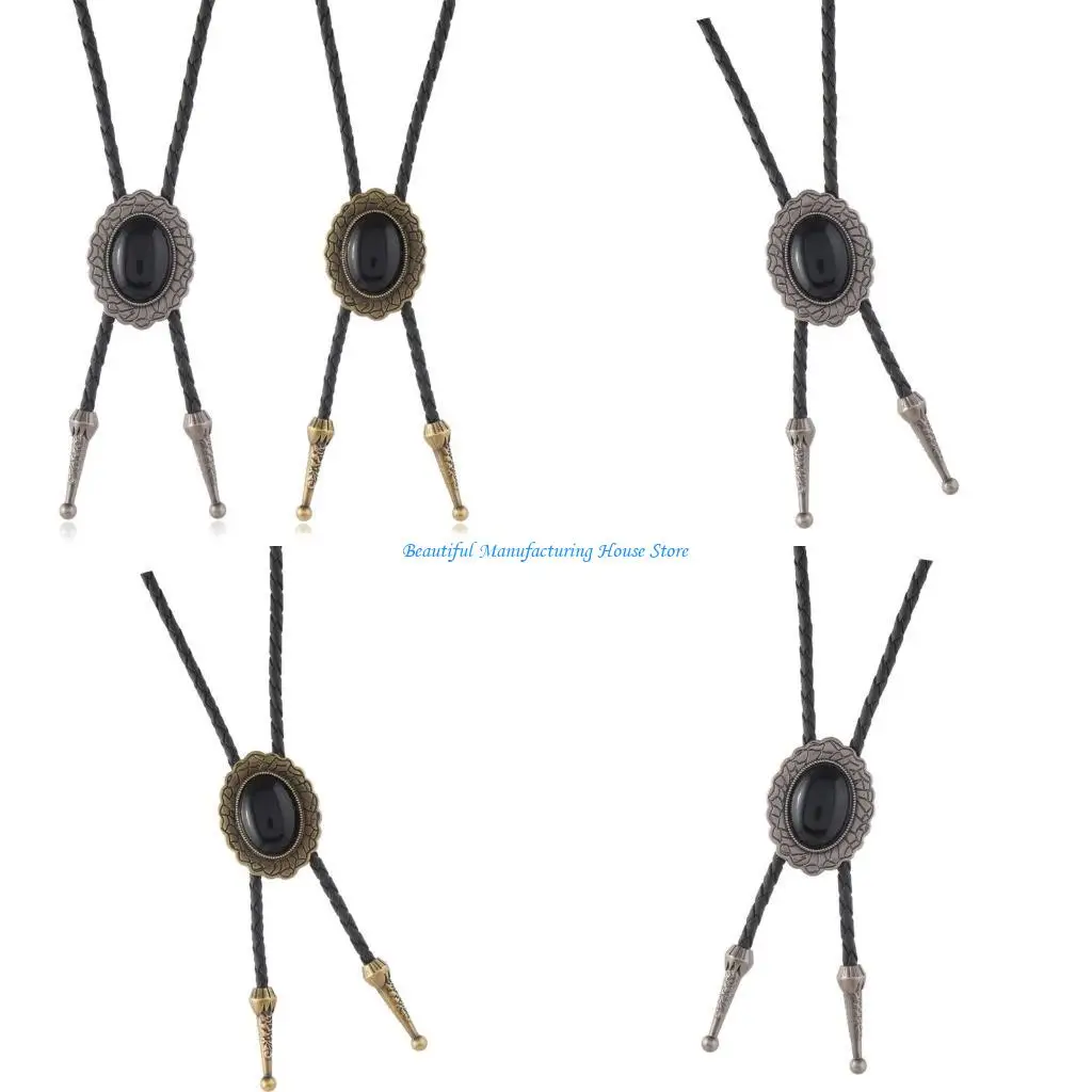 E56A Antique Black Stone Charm Cowboy Bolo Tie Leather Cord Adjustable Unisex Necktie