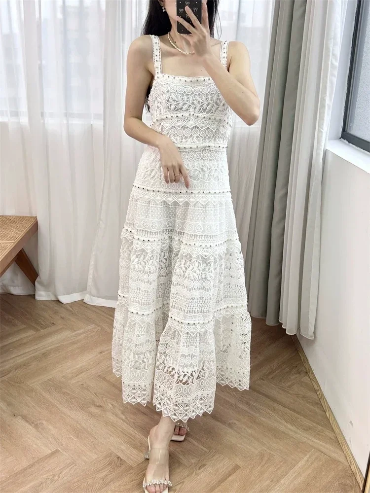 

Crochet Lace Women Sling Dress White Slim Fit Sleeveless 2024 Spring Summer Female Off-shoulder Midi Robes