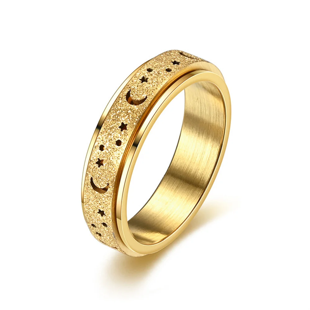 Fidget Anxiety Ring 6mm Gold Silver Color Stainless Steel Frosted Crescent Moon and Star Rotatable Rings for Woman Man Jewelry