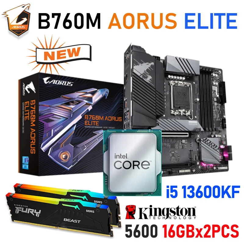 Intel Core i5 13600KF Processor Kit +Gigabyte B760M AORUS ELITE DDR5 Motherboard Intel B760 + Kingston DDR5 RAM 5600MHz 32GB RGB