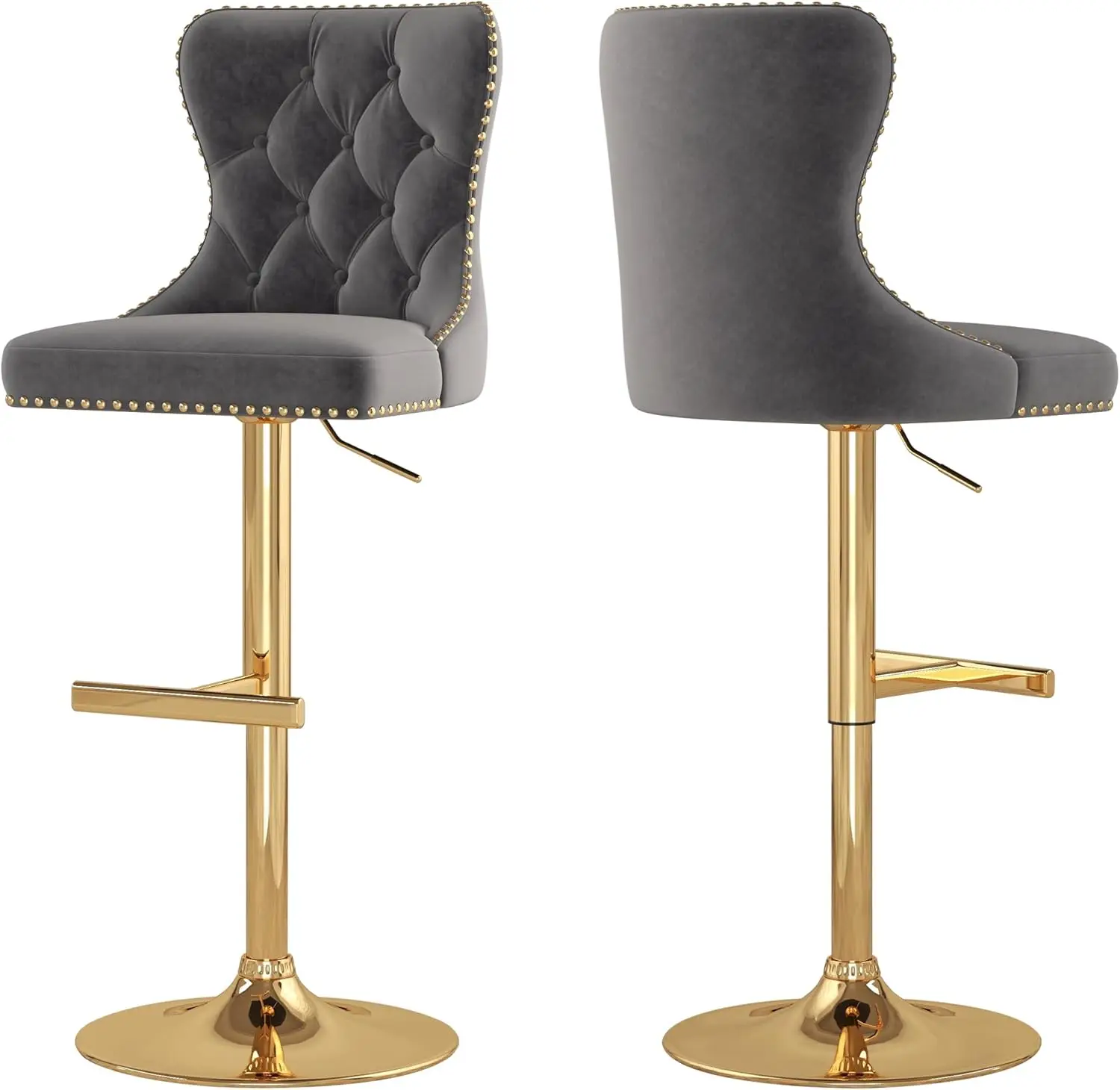 

Набор из 2 барных стульев, вращающиеся бархатные тафтинговые табуреты с золотой основой, регулируемым сиденьем, отделкой гвоздями для кухонного острова, серый