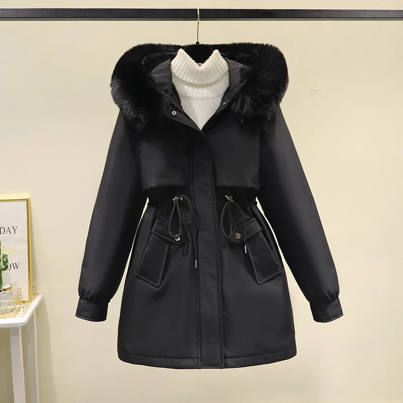 2023 New Winter Jackets Women Parka Thicken Warm Jacket Big Fur Collar Hooded Fur Lining Parka Coat Drawstring Slim Clothes