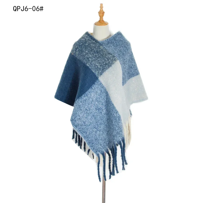 Europe United States 2022 new Autumn Winter Women's Shawl Coarse Tassel Loop Yarn Large Lattice Warm Capes Lady Ponchos Blue