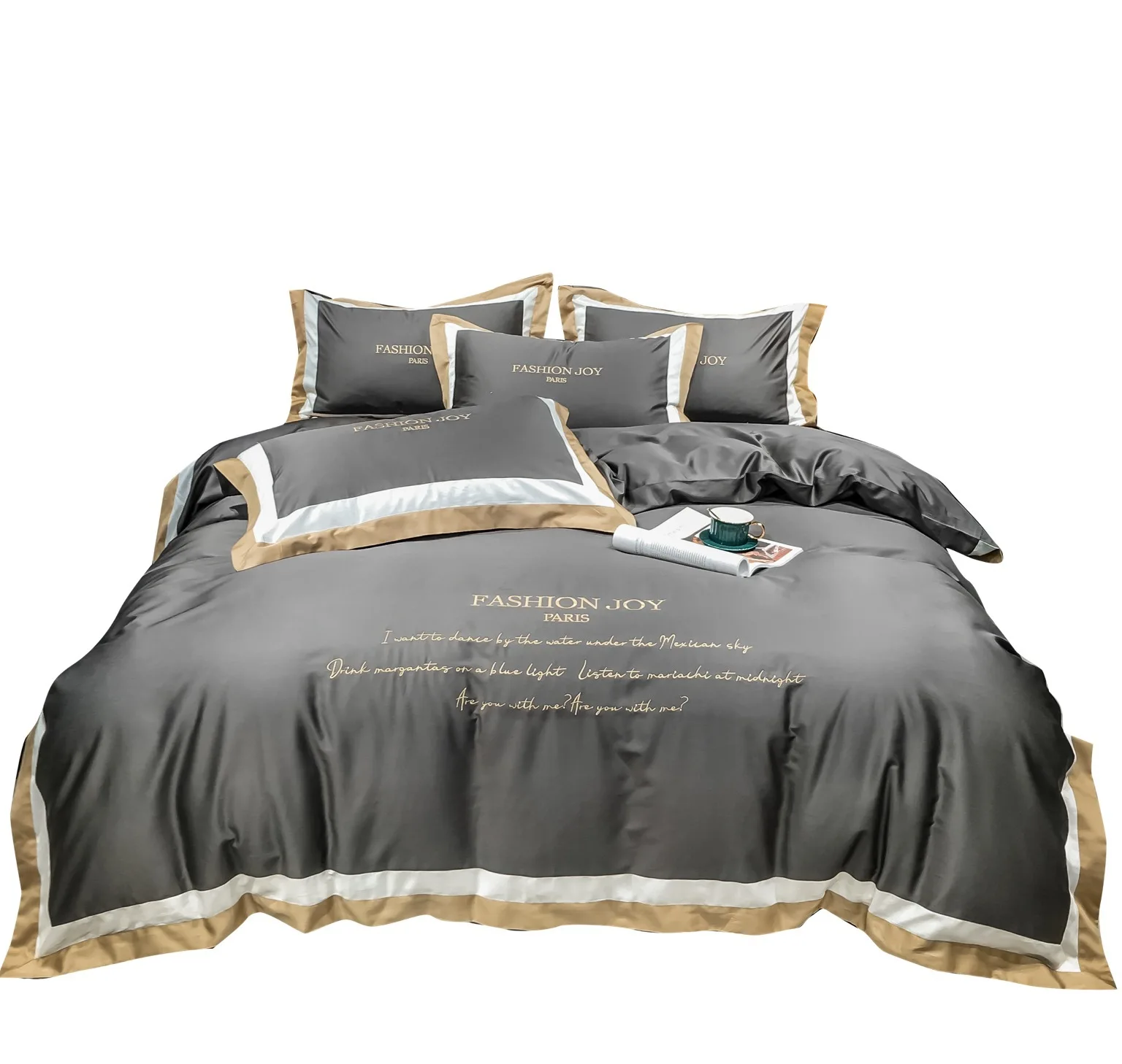 

Customizable 60 long-staple cotton splicing embroidered plain four-piece set of sheets cotton new bedding