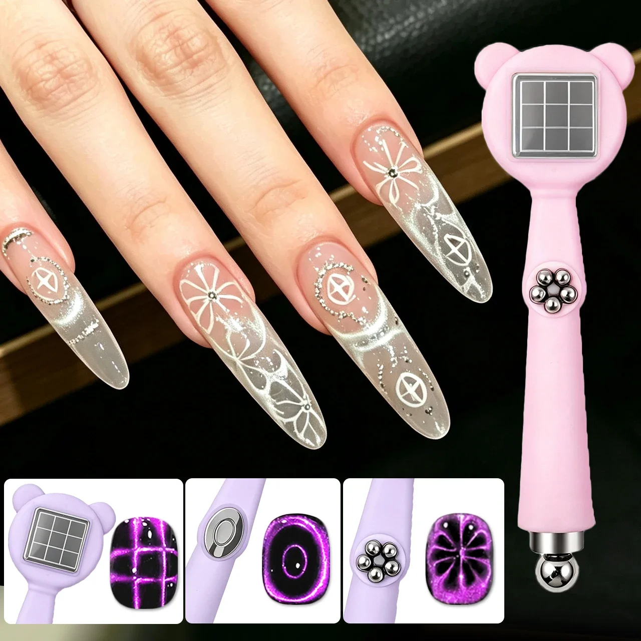 Geformter Multifunktions-Nagelmagnet mit Blütenblatt-Gitter-Effekt, Superstarker Katzenaugen-Nagelmagnet, DIY-Maniküre-Werkzeug, Nagelkunst-Tool – Detail 1