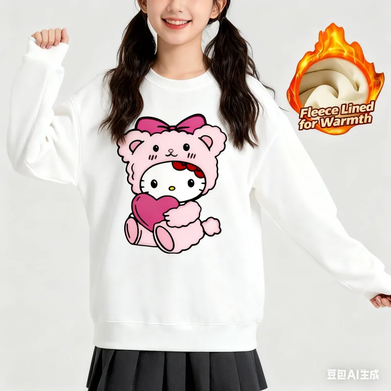 

2025 Sanrio Series Printed Crew Neck Long-Sleeve Top, Cute and Warm Fleece-Lined Crew Neck Long-Sleeve T-Shirt, 100% Cotton