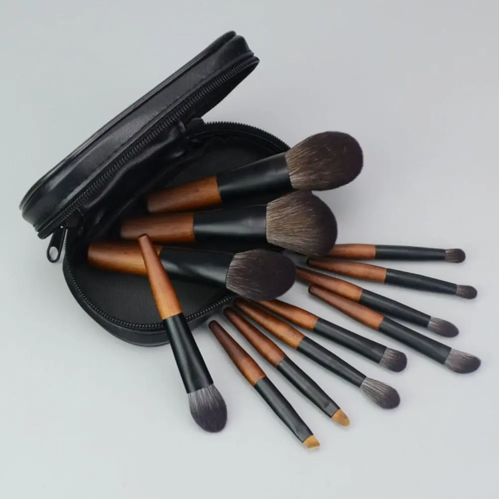 12Pcs Simple Lip liner Mini Makeup Brush Set with Storage Box Wood Concealer Brush Set Furry Blush Eye Brow Roller Brush Women